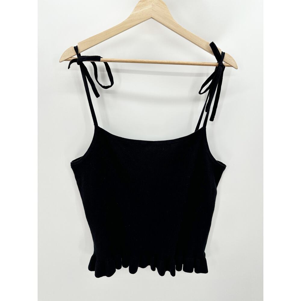 Express Factory Black Ribbed Sweater Tank Ruffle Hem Tie Shoulder Womens Size XL